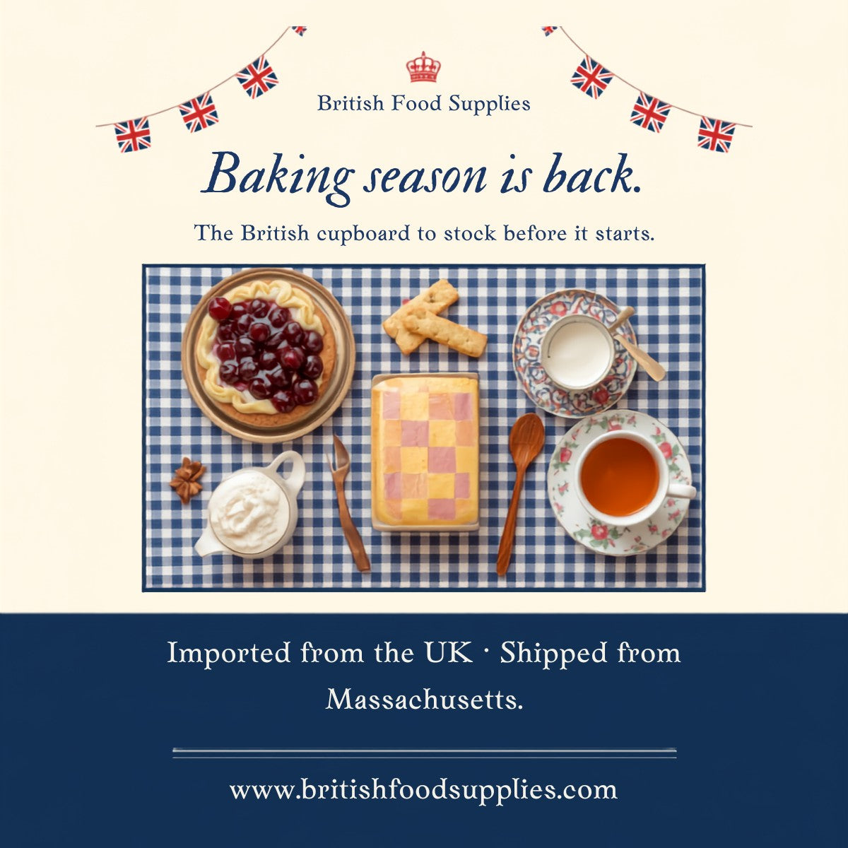 British Food Supplies: Baking season is back. A Bakewell tart, Battenberg cake, shortbread and a cup of tea on a gingham cloth. Imported from the UK, shipped from Massachusetts.