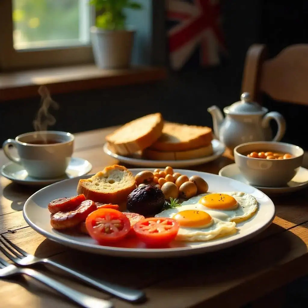 Traditional British breakfast with eggs, sausages, beans, toast, and tea, served near a Union Jack flag.