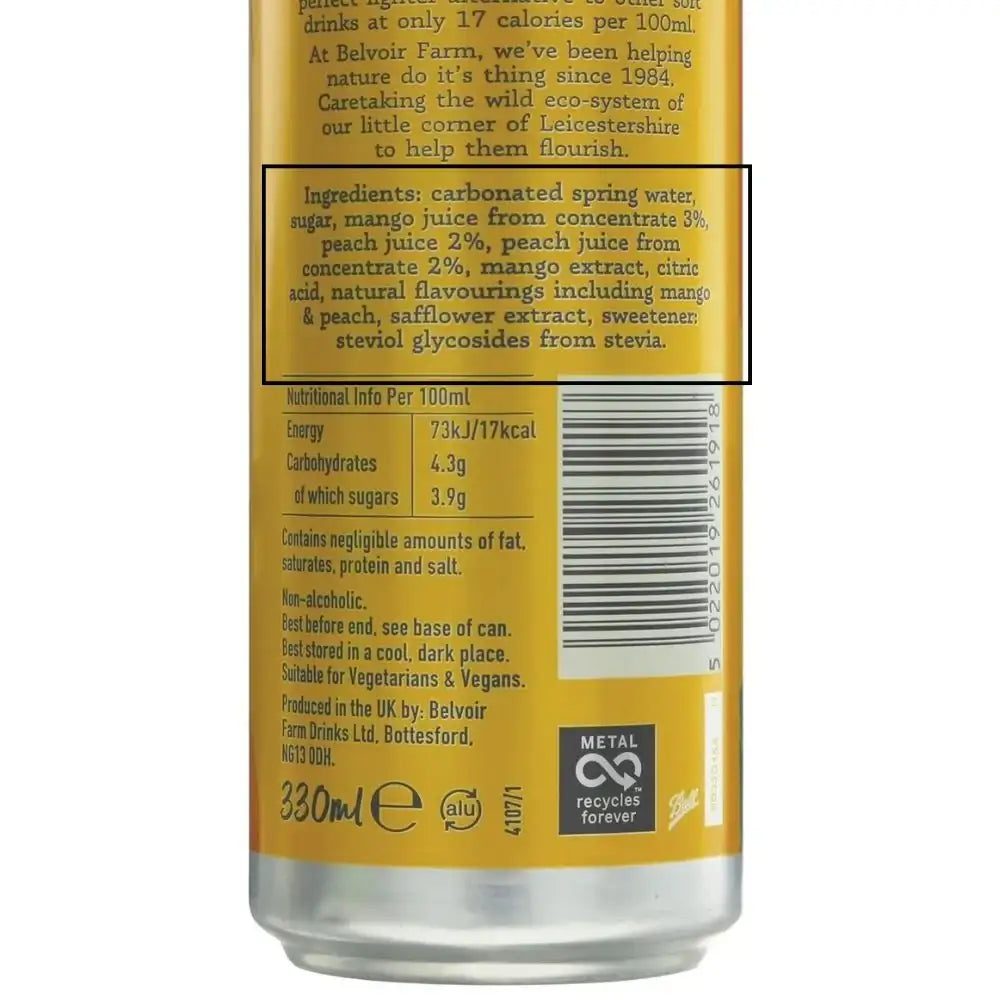 Belvoir Delicious and Light Sparkling Mango & Peach Drink Cans 330ml