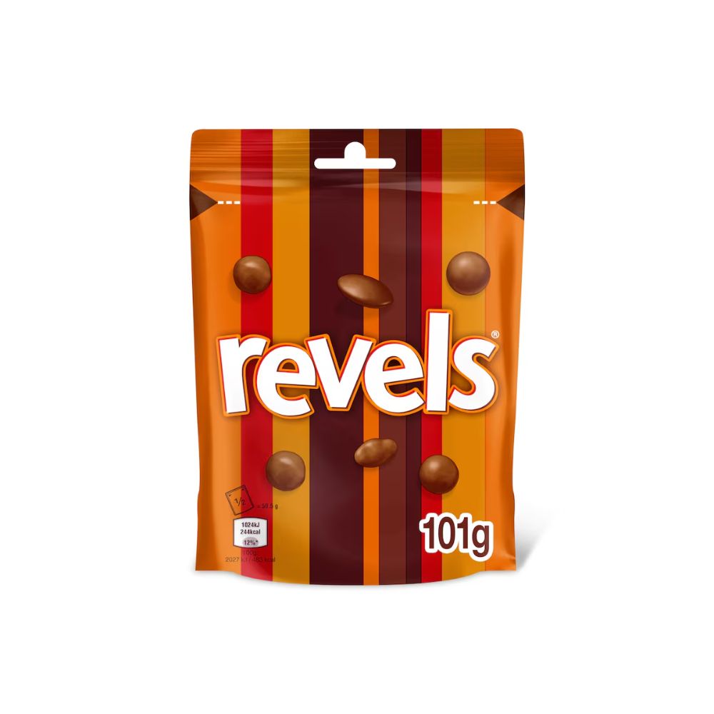 Revels Milk Chocolate Bites Pouch 101g – assorted milk chocolate bites with raisin, coffee and orange flavours.
