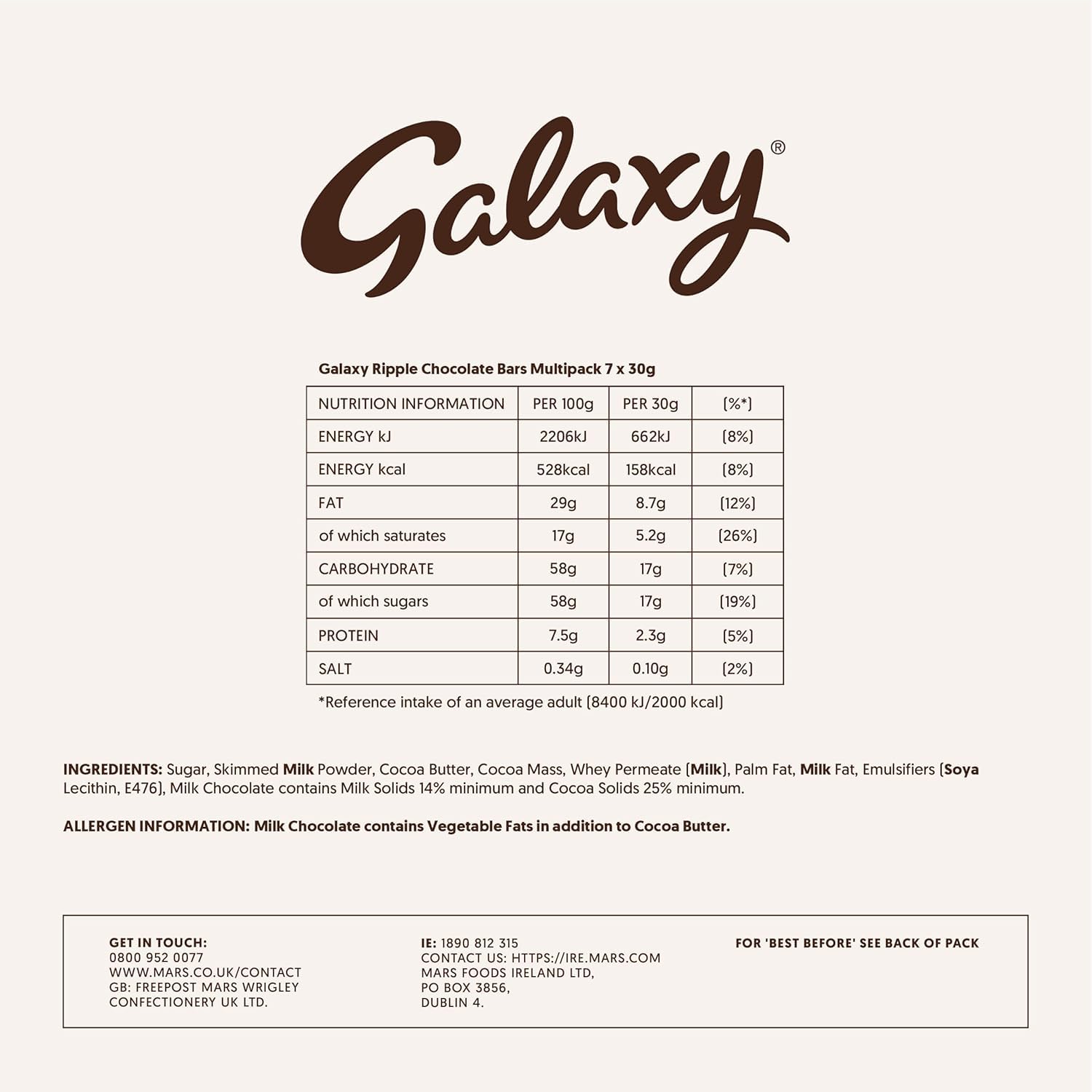 Galaxy Ripple Milk Chocolate Snack Bar 30g