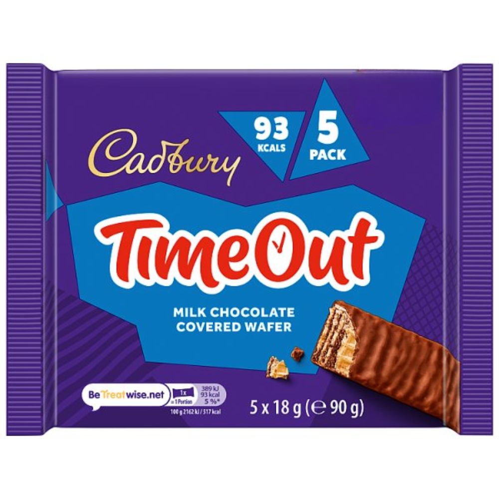 Cadbury Timeout wafer bars covered in smooth milk chocolate, shown in its bright red packaging.