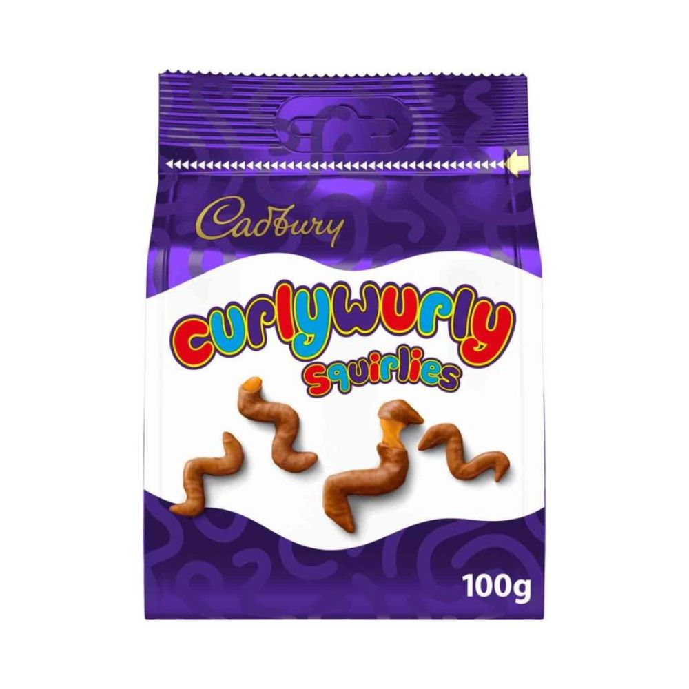 Cadbury Curly Wurly Squirlies 100g – bite-sized milk chocolate and caramel sweets for snacking.