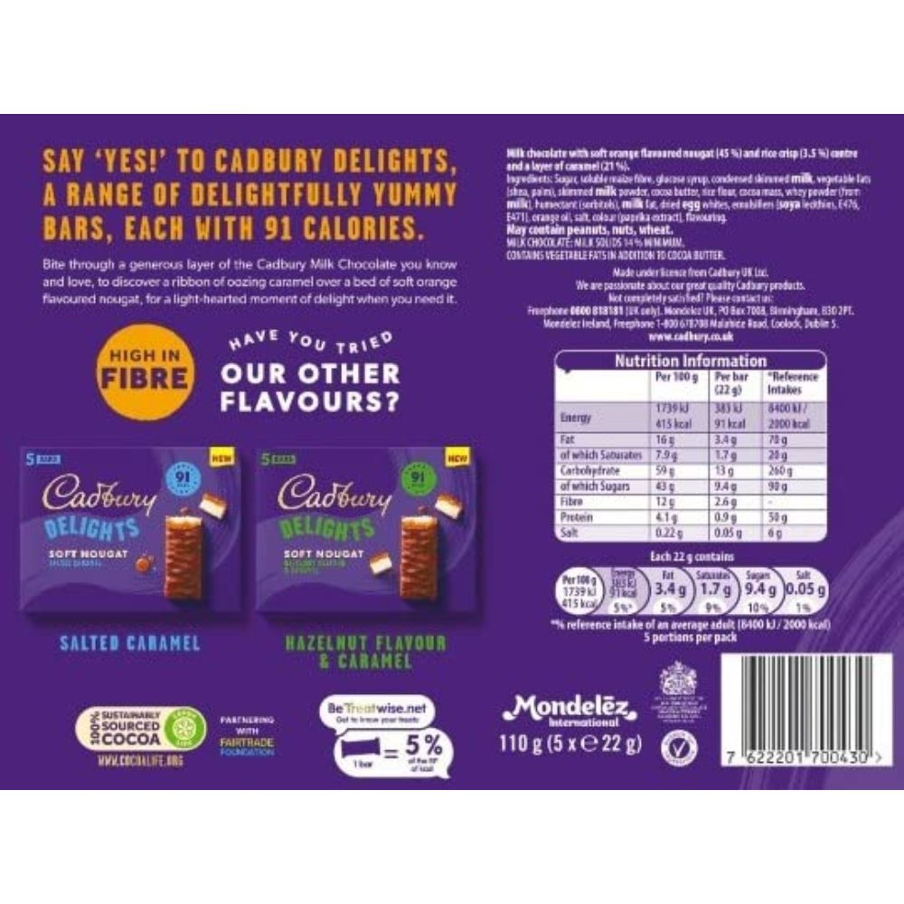 C'bury Delights Soft Nougat Orange & Caramel Bars 5pk 110