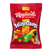 Maynards Bassetts Wine Gums 130g hanging bag containing assorted fruit-flavoured chewy sweets.