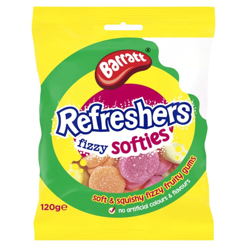 Barratt Refreshers Fizzy Softies 120g bag of assorted sugar-coated fruit flavor gums.