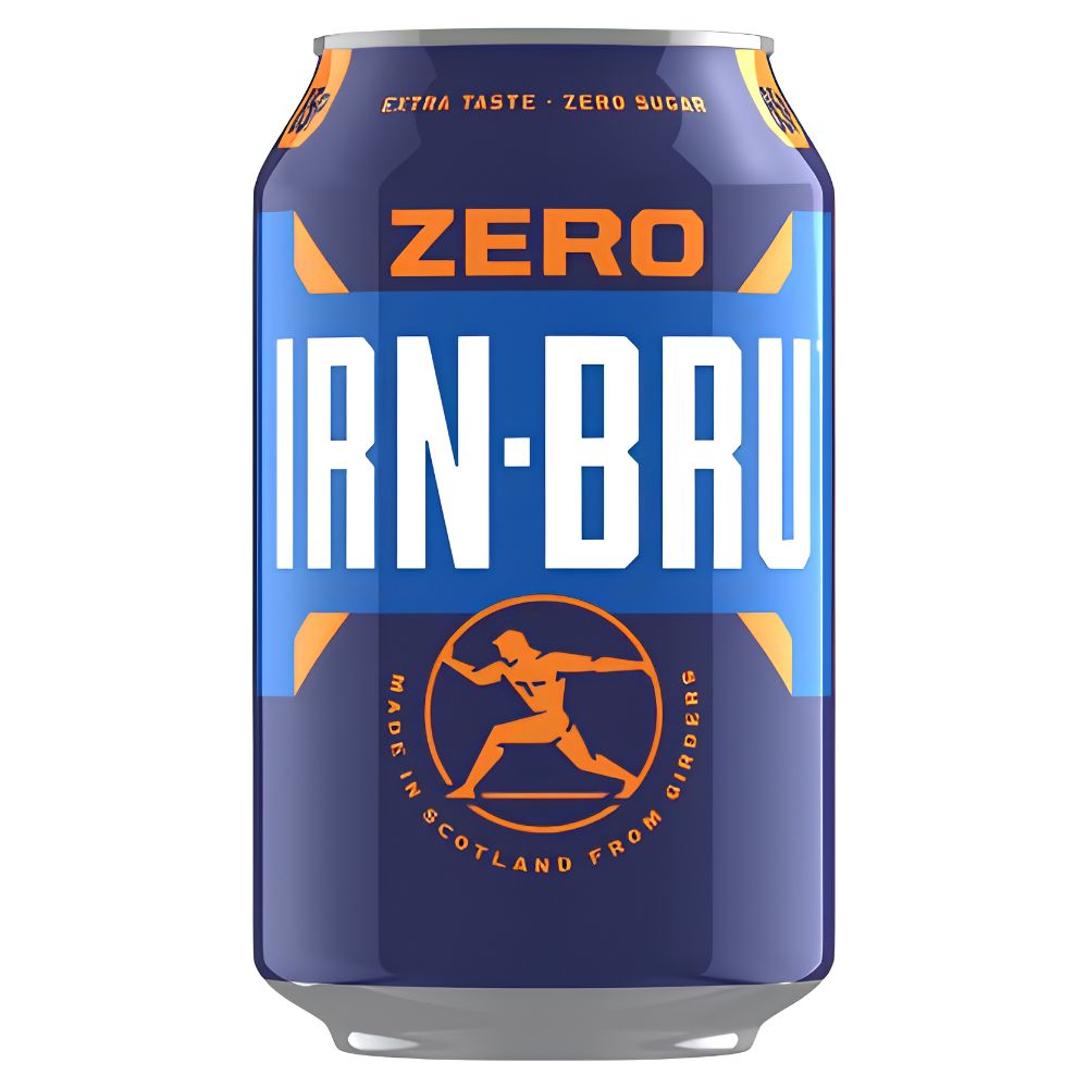 Irn-Bru Zero Sugar Soft Drink Can 330ml, refreshing low-calorie Scottish fizzy soda with bold citrus flavor