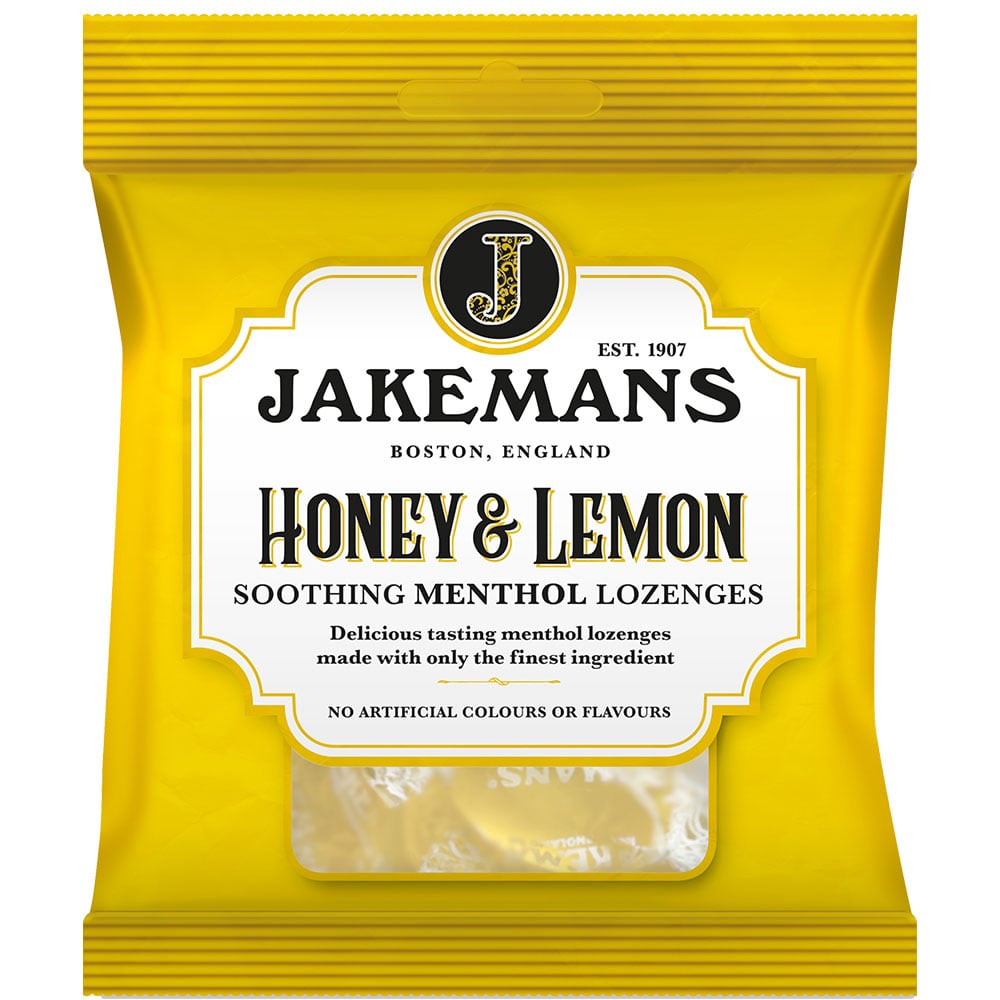 Jakemans Honey & Lemon Menthol Lozenges 73g – soothing honey and lemon flavoured menthol sweets.