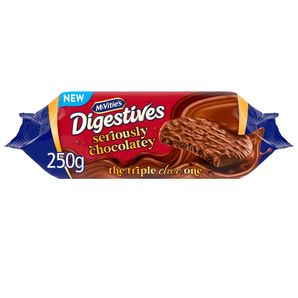 McVitie’s chocolate digestives biscuits with thick chocolate coating, 250g.