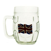 A classic glass dimple pint mug featuring a decorative Union Jack flag emblem on the front.
