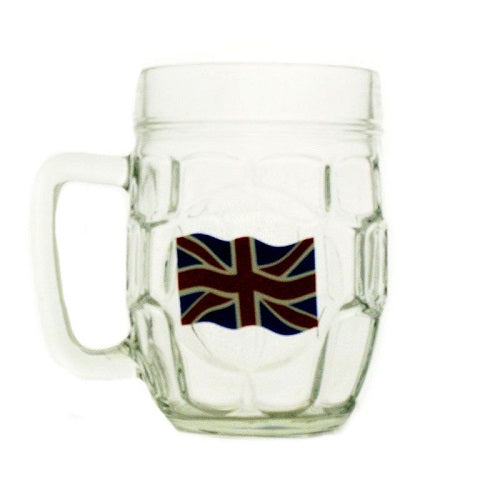 A classic glass dimple pint mug featuring a decorative Union Jack flag emblem on the front.