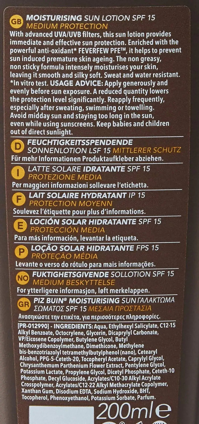 Piz Buin Moisturising Sun Lotion SPF15-200ml