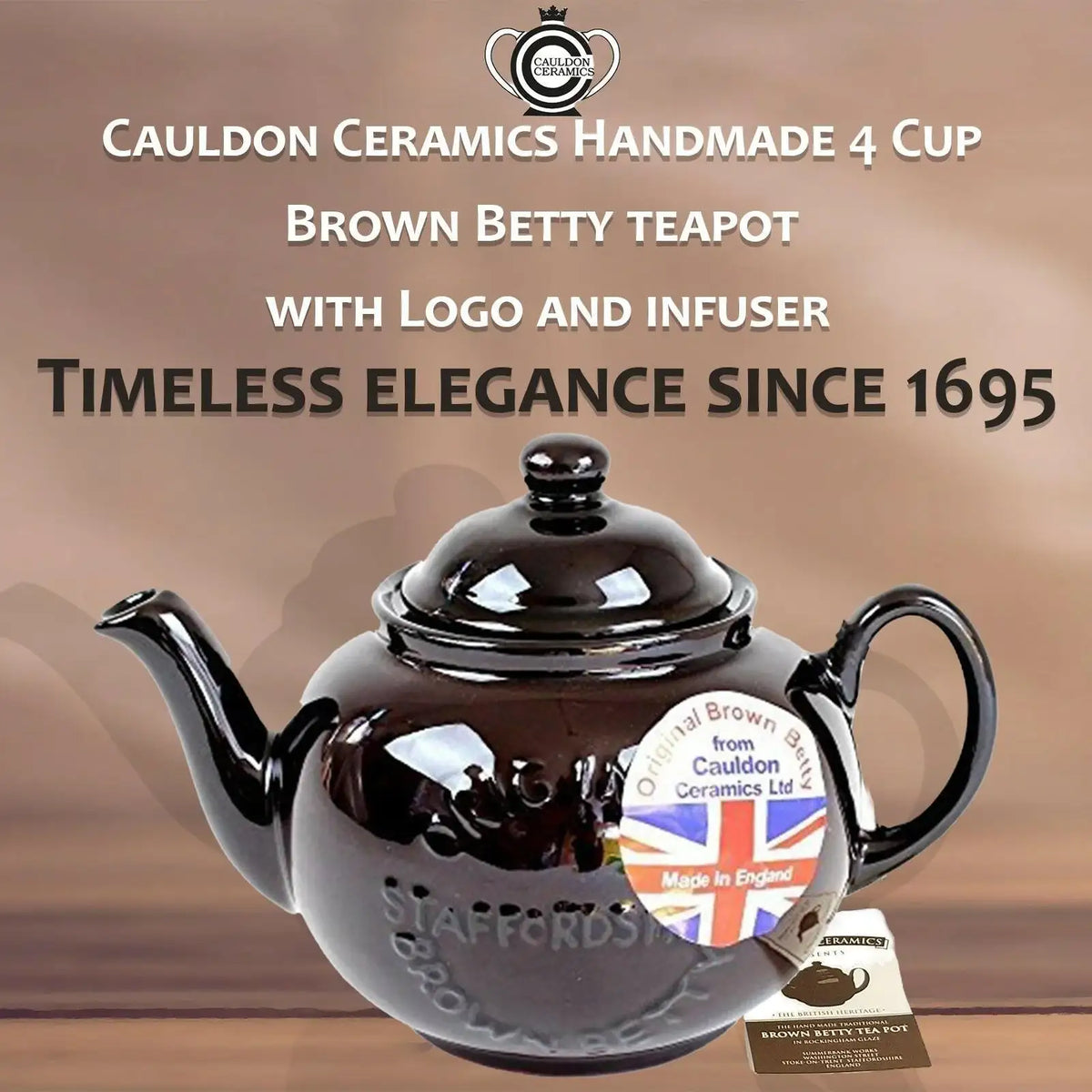 Cauldon Ceramics 4 Cup Brown Betty logo teapot with infuser British