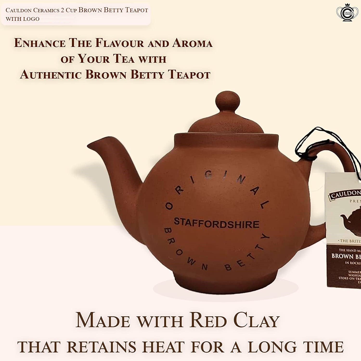 Cauldon Ceramics Traditional Handmade 2 Cup Terracotta Teapot with Logo | Made with Staffordshire Red Clay