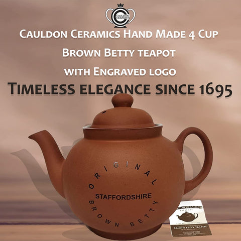 Cauldon Ceramics Traditional Handmade 4 Cup Terracotta Teapot with Logo | Made with Staffordshire Red Clay