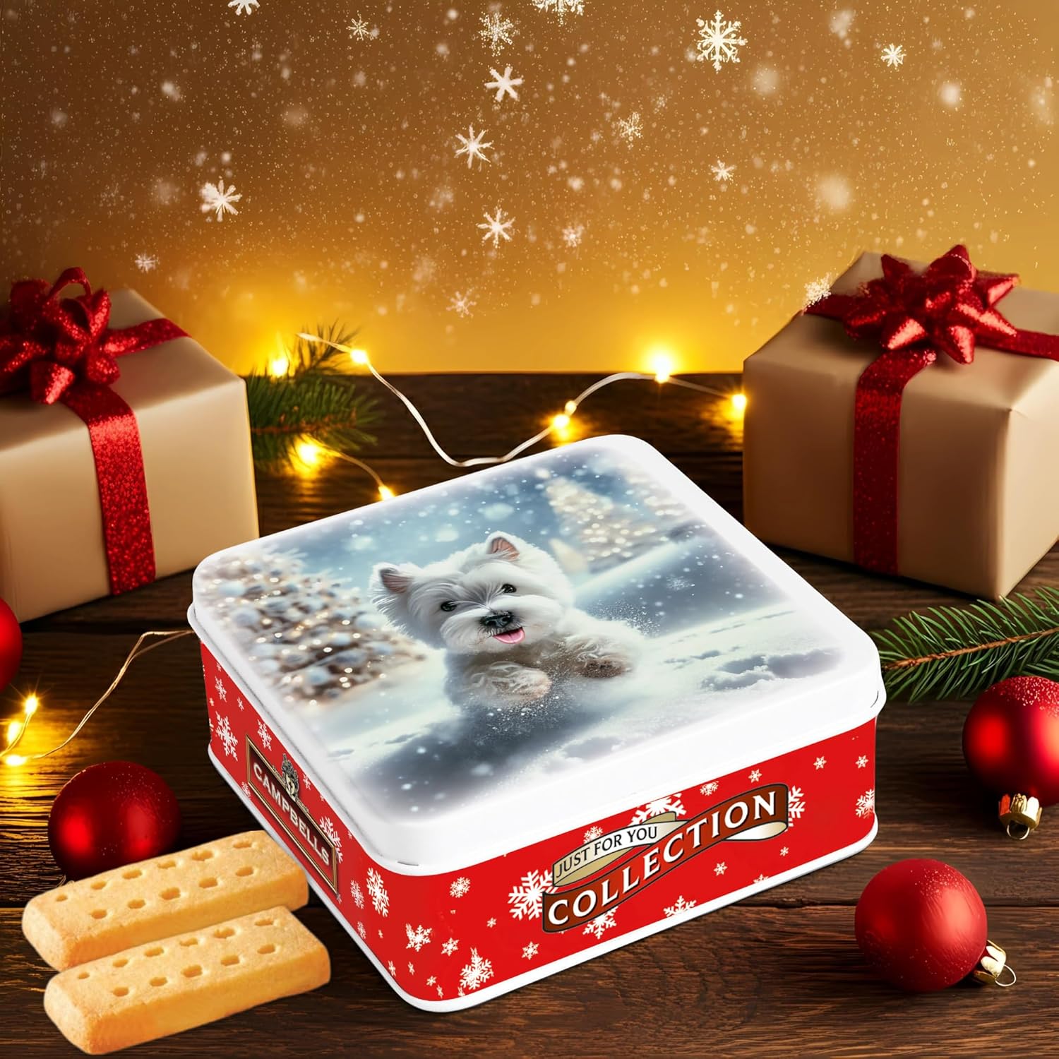 Campbells Shortbreads Westie in Snow Tin 90g