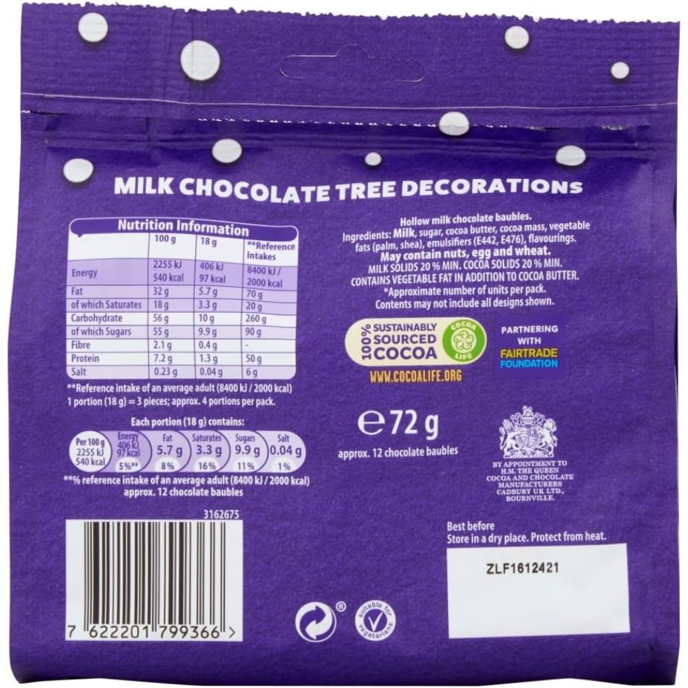 C'bury Mini Baubles Tree Decorations Chocolate Tree Bag 72g