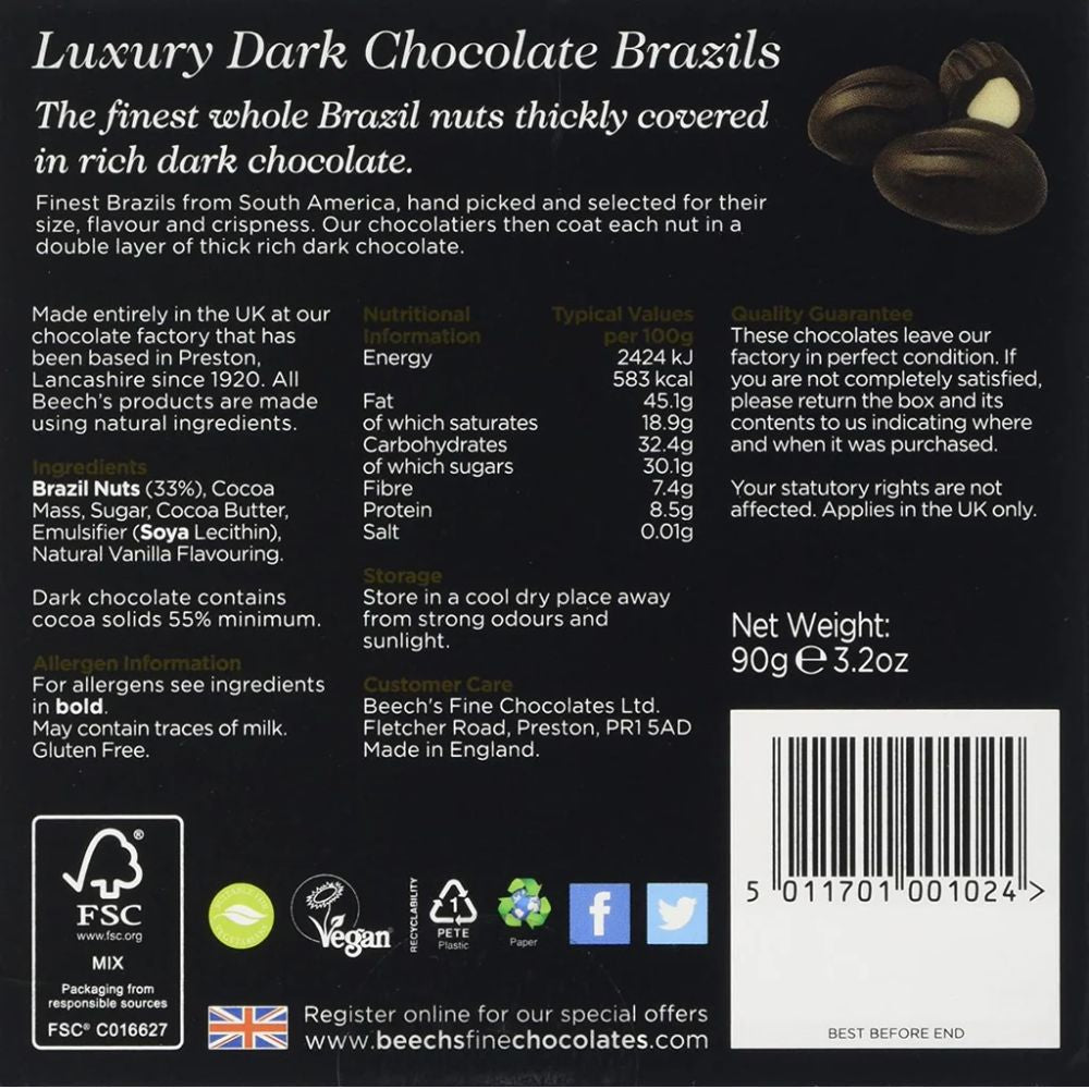 Beech's Chocolate Luxury Dark Chocolate Brazils 90g