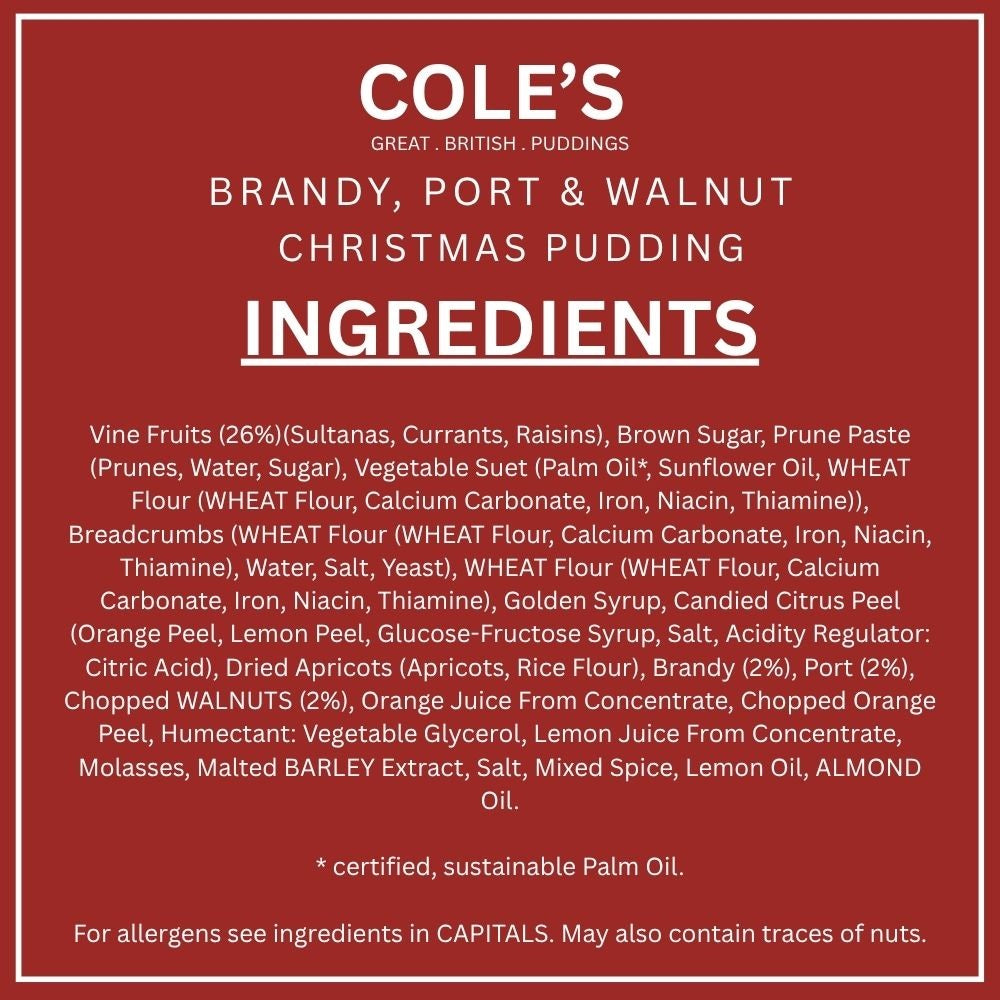 Cole's Brandy Port And Walnut Round Christmas Pudding 454g