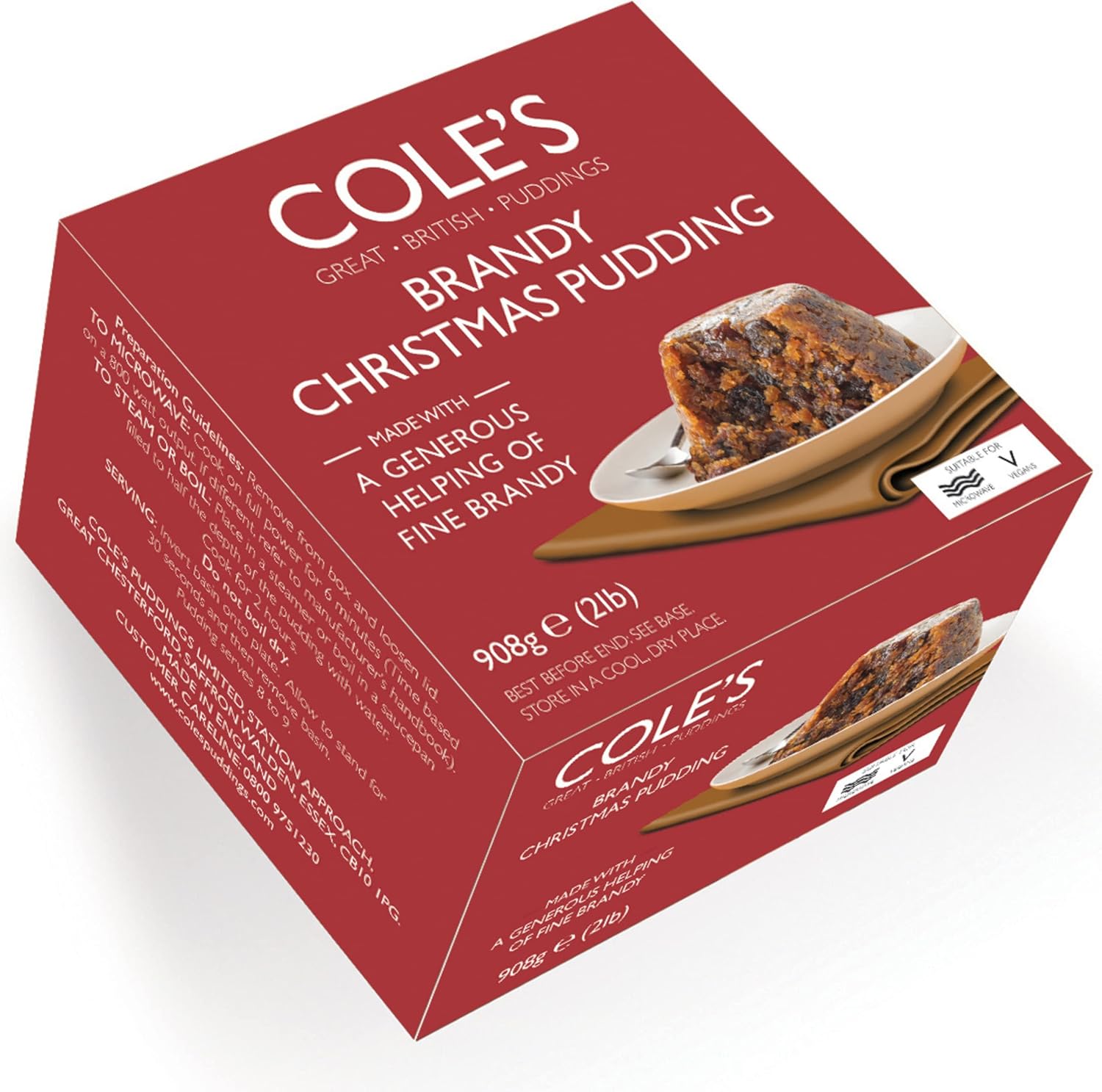Cole's Boxed Brandy Christmas Pudding 908g – traditional British festive fruit pudding with brandy.