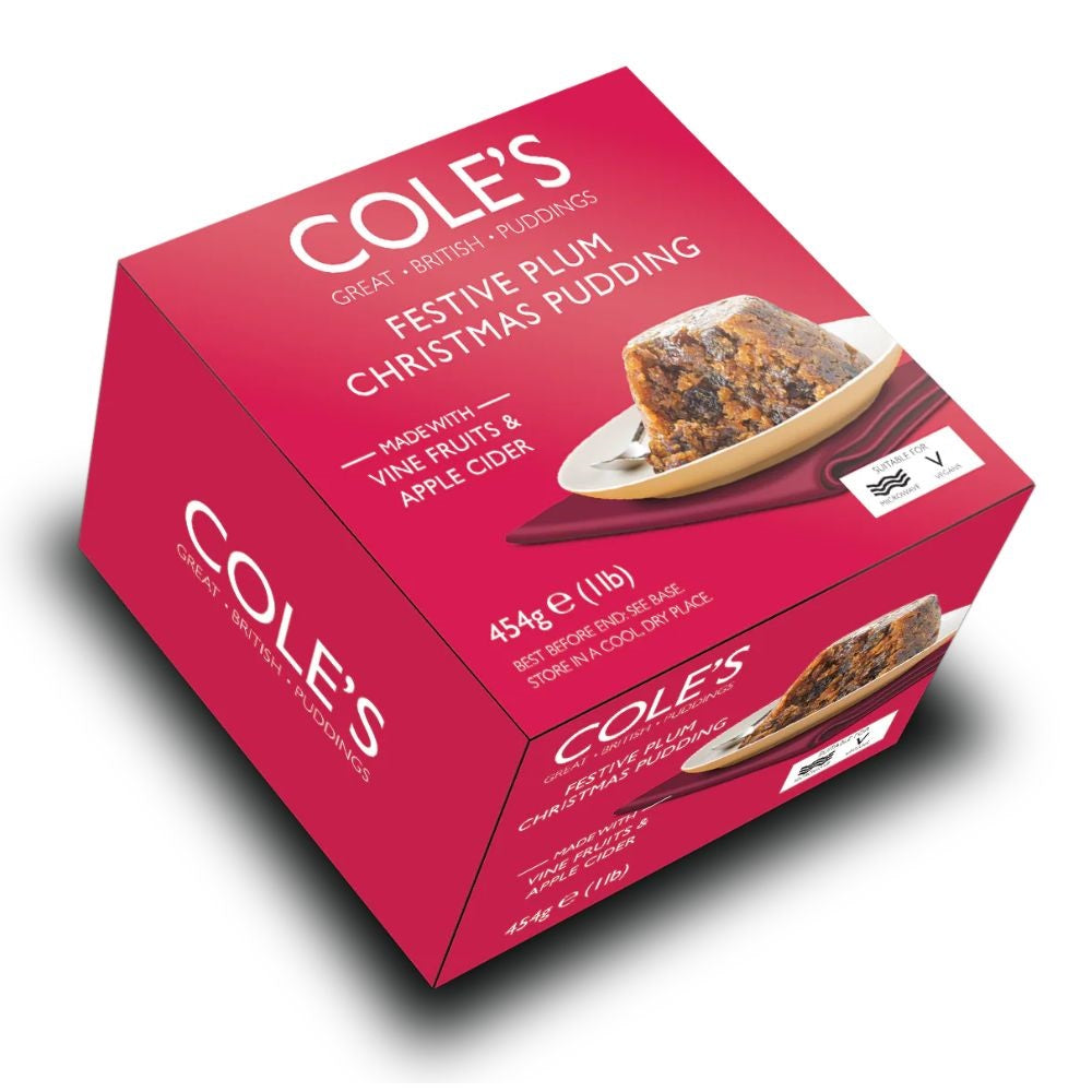 Cole's Festive Plum Pudding 454g – traditional British Christmas fruit pudding with rich festive spices.