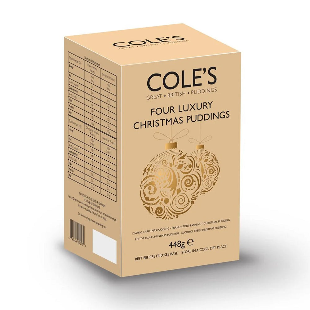 Cole's Luxury Christmas Puddings 4 Pack 448g – traditional British individual Christmas fruit puddings.
