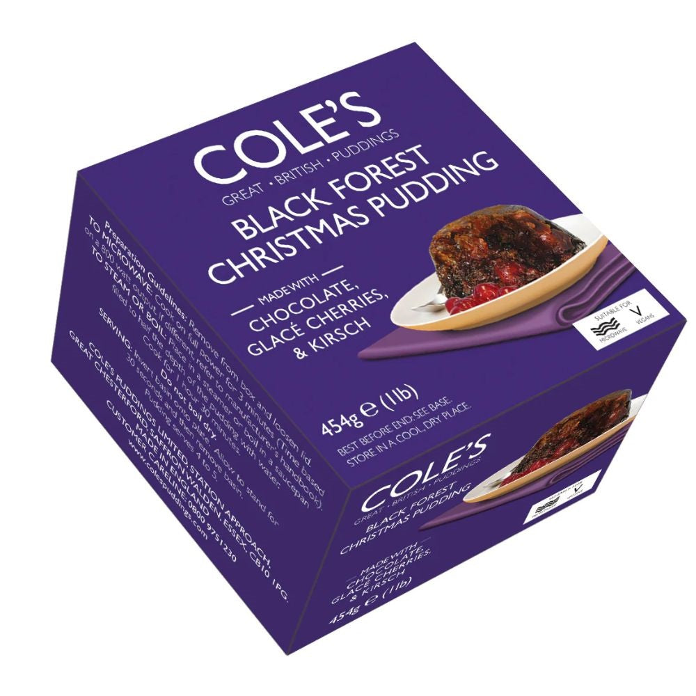 Cole's Black Forest Pudding 454g – indulgent chocolate and cherry dessert pudding for special occasions.