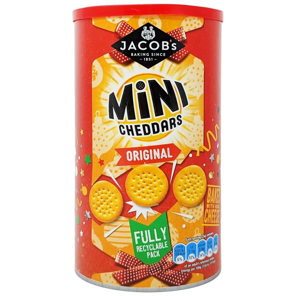 Jacob's Mini Cheddars Original Caddy 260g – crunchy baked cheese snacks with a rich cheesy flavour.