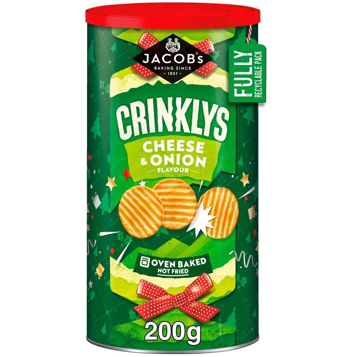 Jacob's Crinklys Caddy Cheese & Onion 200g – crunchy British cheese and onion savoury snacks.