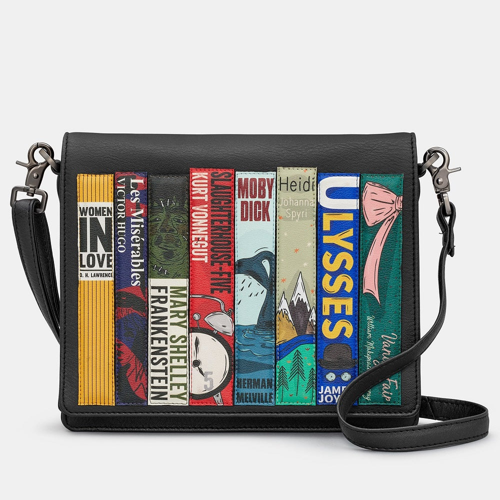 Yoshi Black Vegan Leather Classic Bookworm Triple Gusset Flap Over Cross Body Bag