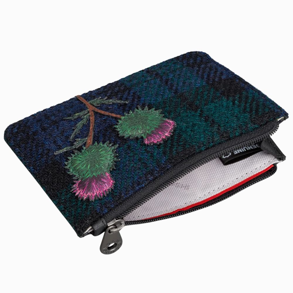 Yoshi Highland Thistle Harris Tweed & Black Leather Zip Top Purse