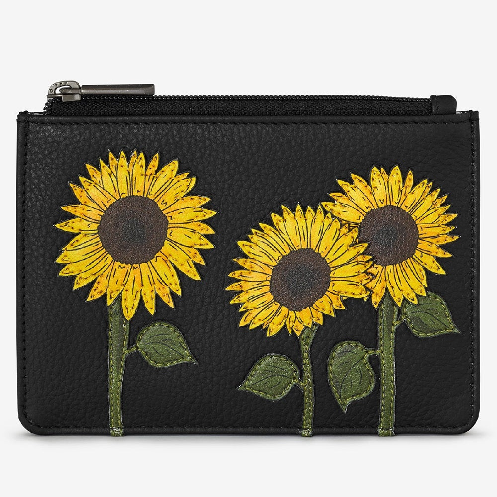 Yoshi Black Sunflowers Zip Top Leather Purse